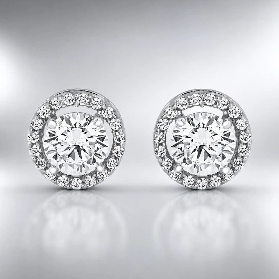 925 Sterling Silver Round Halo CZ Stud Earrings Diamond Cut Unisex Gift