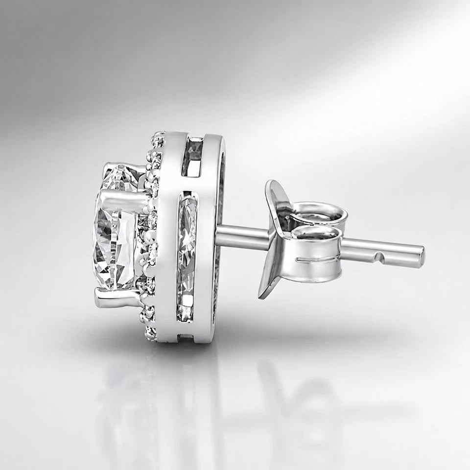 925 Sterling Silver Round Halo CZ Stud Earrings Diamond Cut Unisex Gift