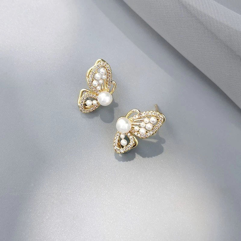 Marie Leah's Gold Plated White Simulated Pearl Butterfly Earrings