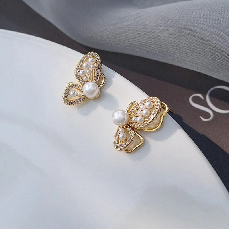 Marie Leah's Gold Plated White Simulated Pearl Butterfly Earrings