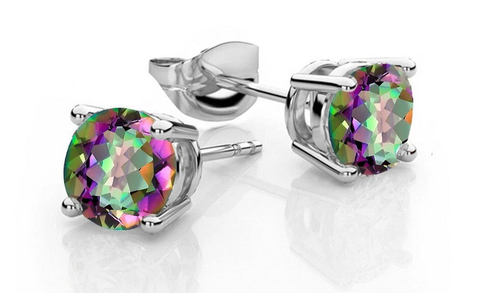 925 Sterling Silver 6mm Round Cut Mytsic Topaz CZ Stud Earrings For Women