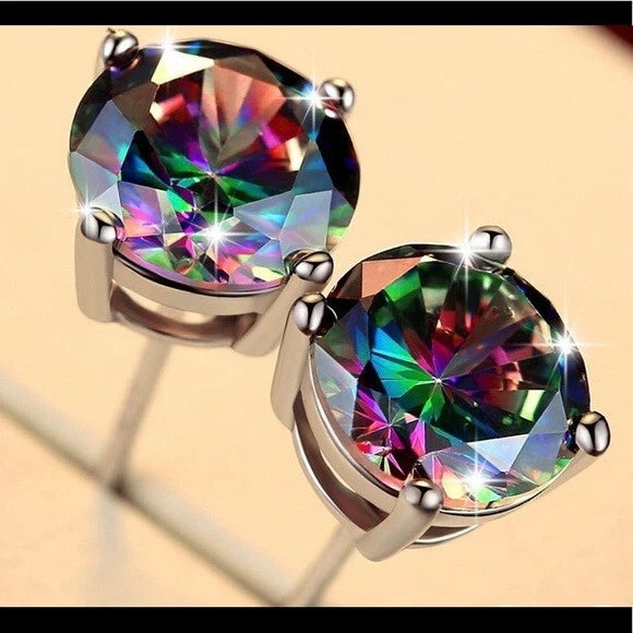 925 Sterling Silver 6mm Round Cut Mytsic Topaz CZ Stud Earrings For Women