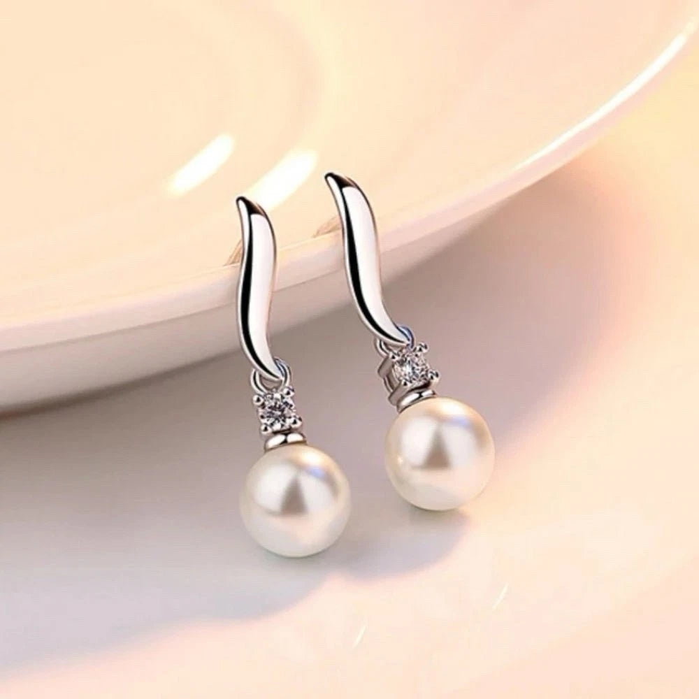Silver Tone Hook Dangle Earrings Round White Pearl & Crystal Accent Drop