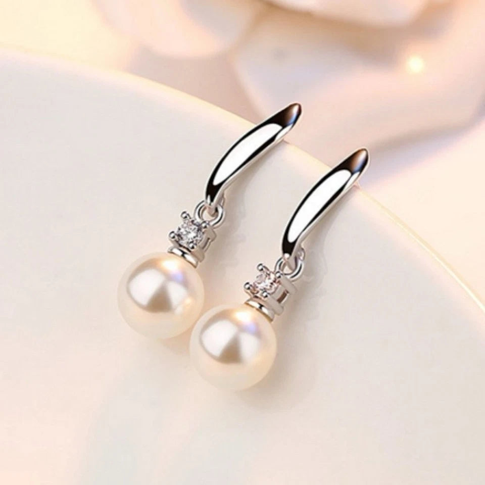 Silver Tone Hook Dangle Earrings Round White Pearl & Crystal Accent Drop