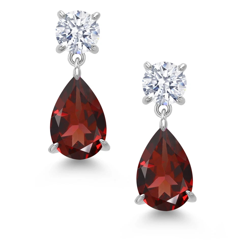 925 Sterling Silver Garnet and Zirconia Teardrop Dangle Drop Earrings For Women