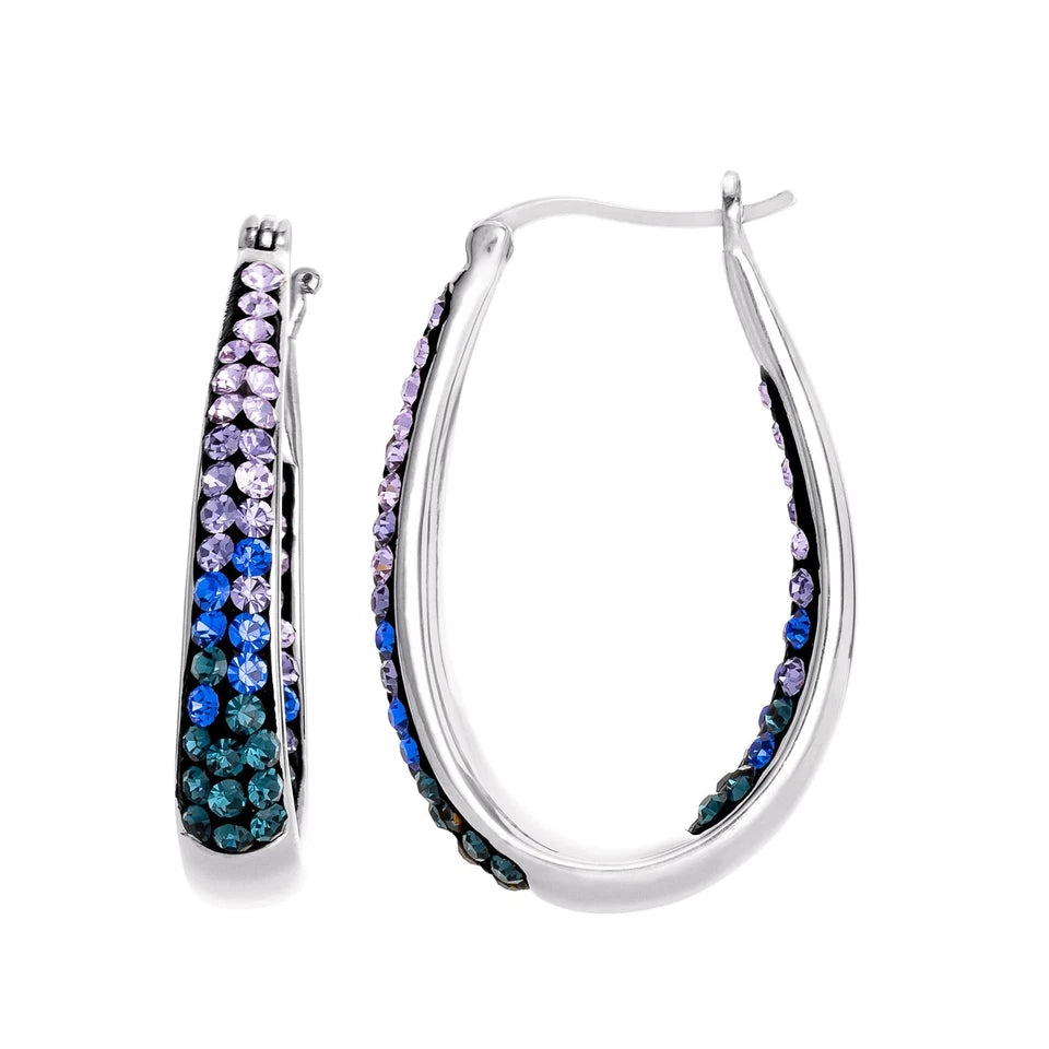 Brilliance Sterling Silver Multi Blue Crystal Hoop Earrings Silver, Blue and