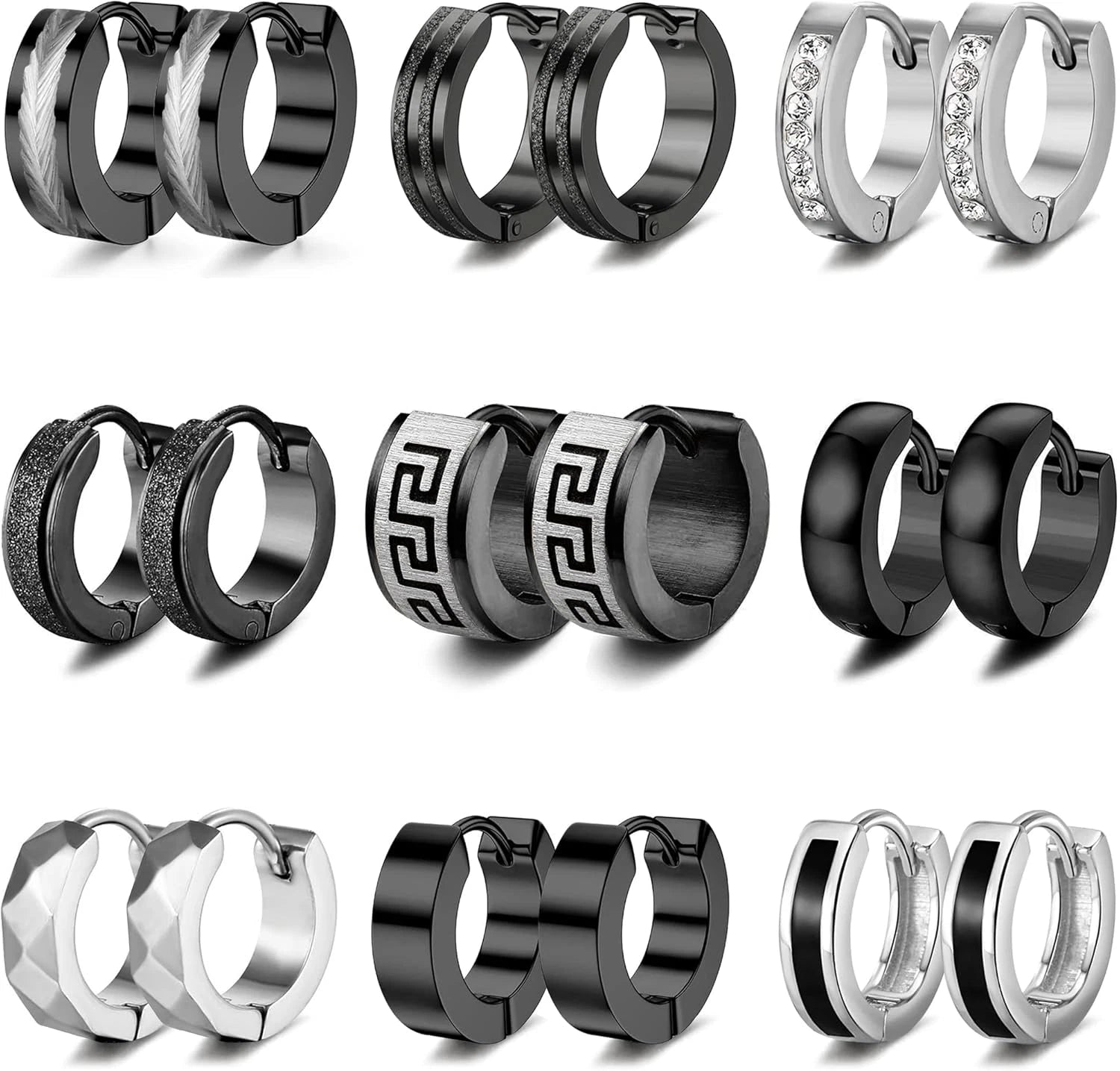 RIOSO 9Pairs Hoop Earrings for Men Stainless Steel Black Men'S Hoop Earring