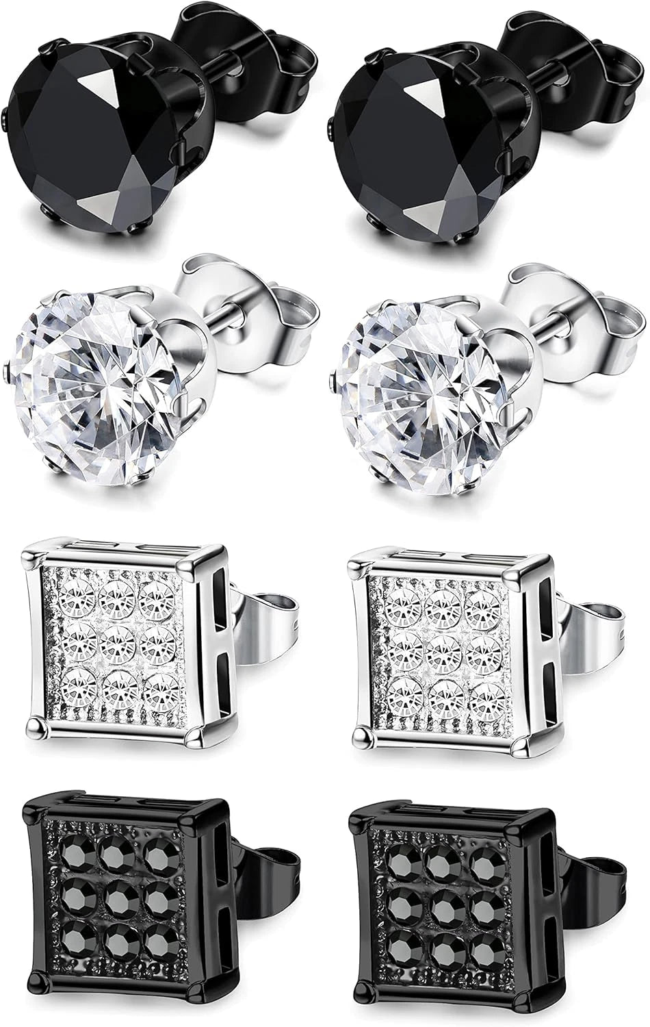 JOERICA 4 Pairs Stainless Steel Stud Earrings for Men Women Silver Black Square