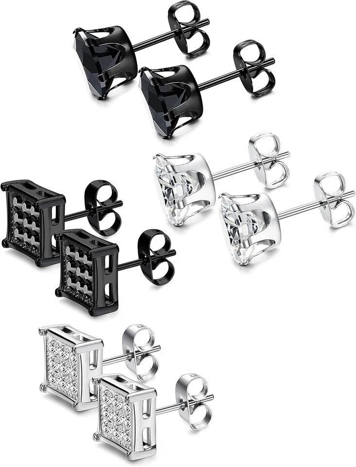 JOERICA 4 Pairs Stainless Steel Stud Earrings for Men Women Silver Black Square